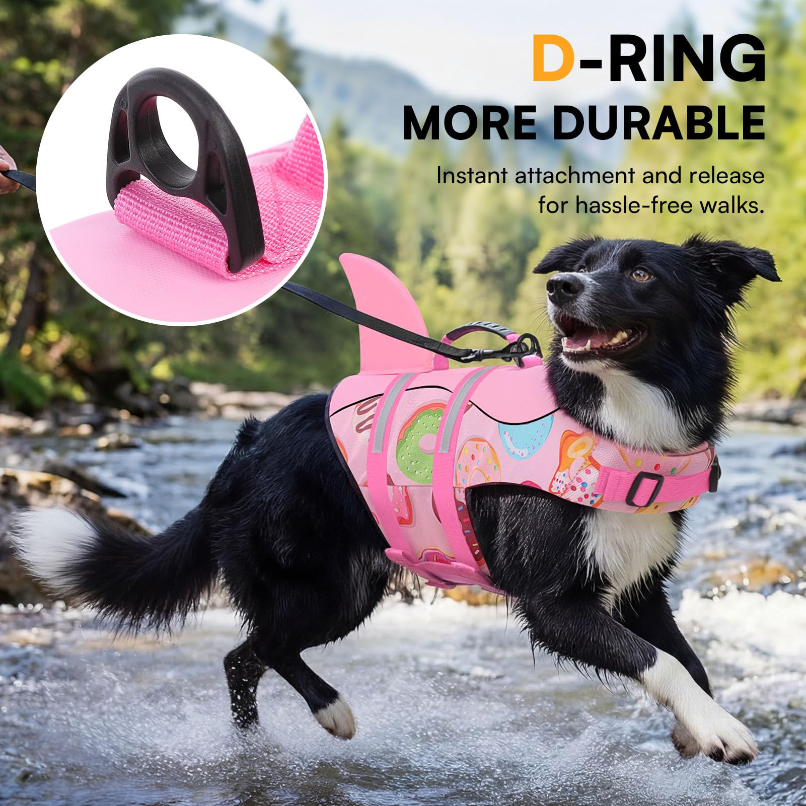 Queenmore dog life jacket showing its reflective straps.