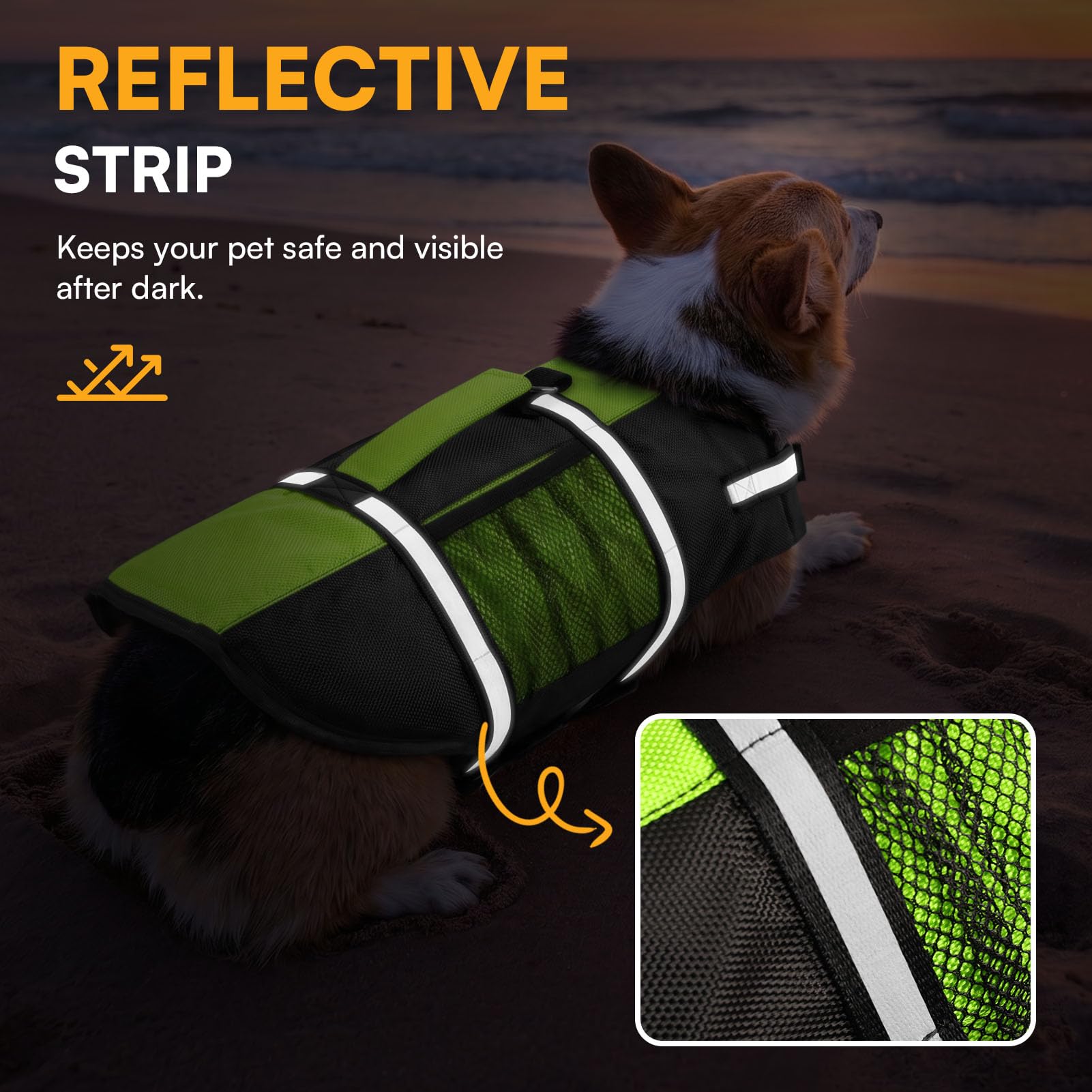 Queenmore dog life jacket showing reflective straps on the back.