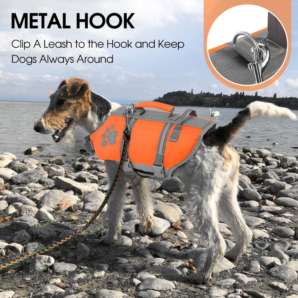 Queenmore dog life jacket detail showing bright color and reflective strips.
