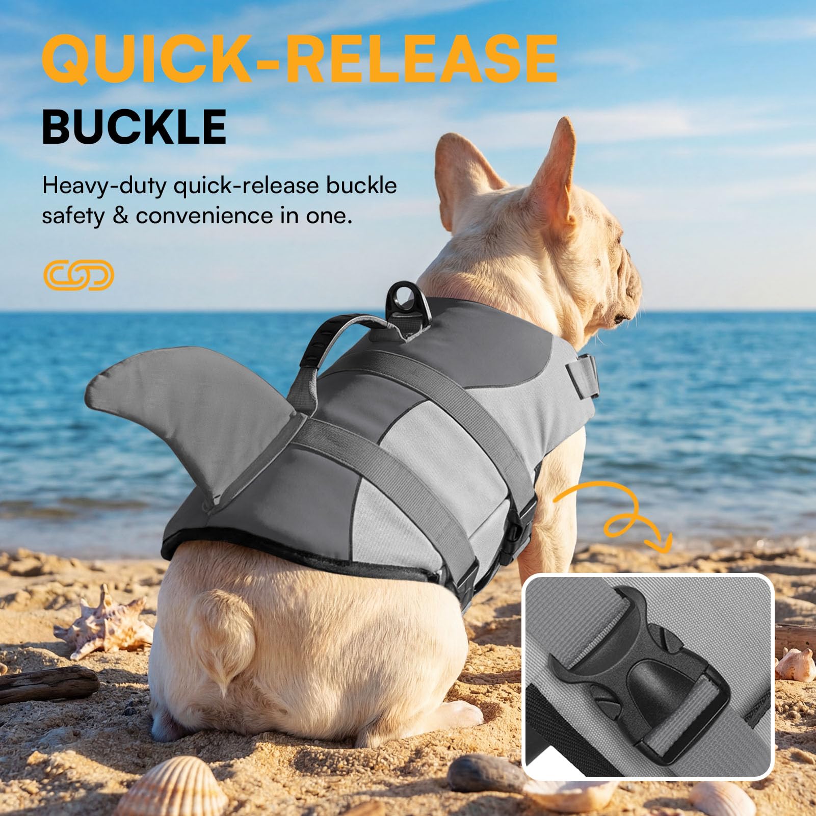 Queenmore dog life jacket with the low-profile rescue handle visible on top.