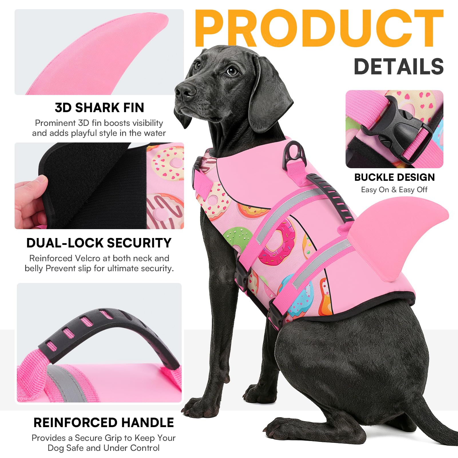 Queenmore dog life jacket close-up showing the top rescue handle.
