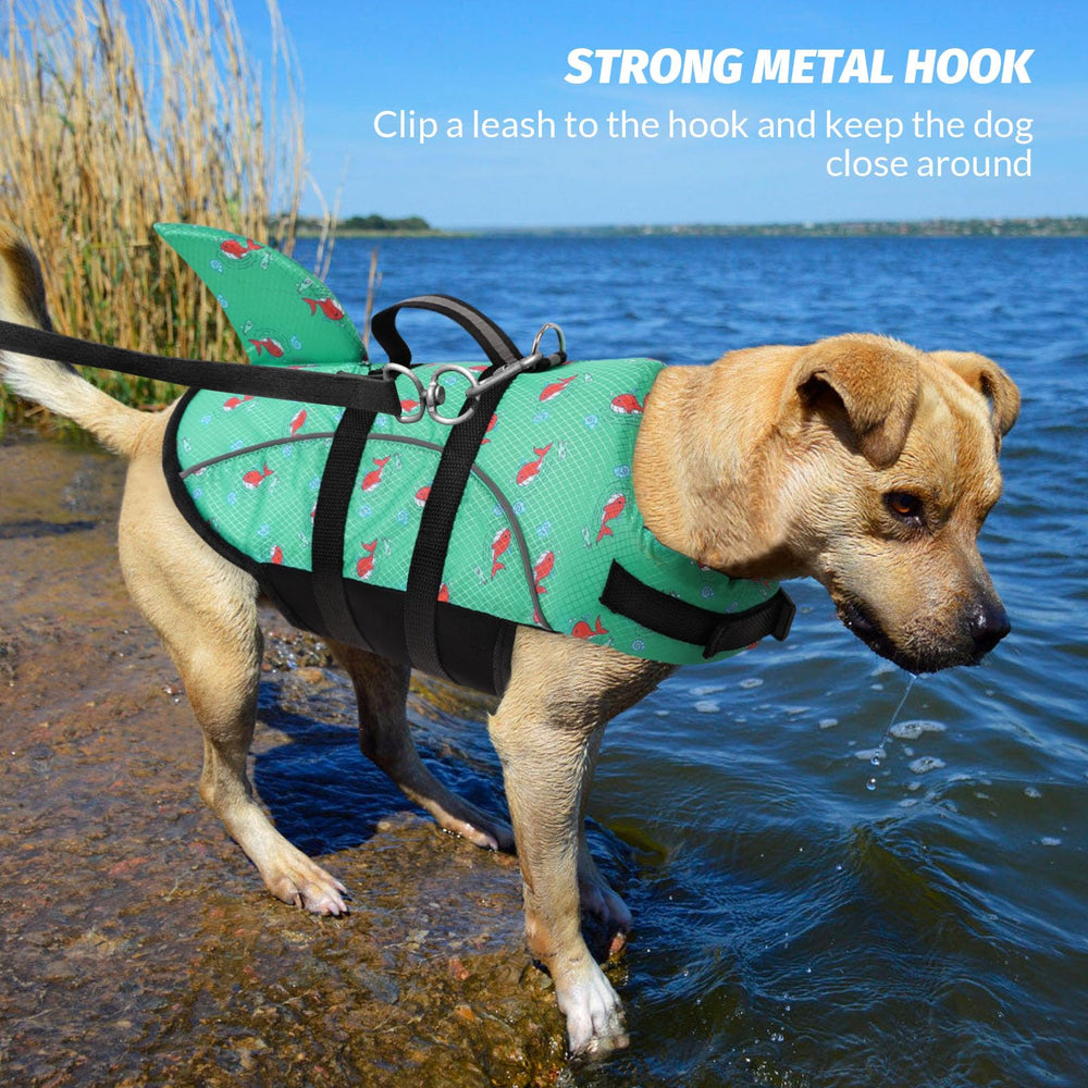 Queenmore Dog Life Jacket showing the rescue handle and reflective strap.