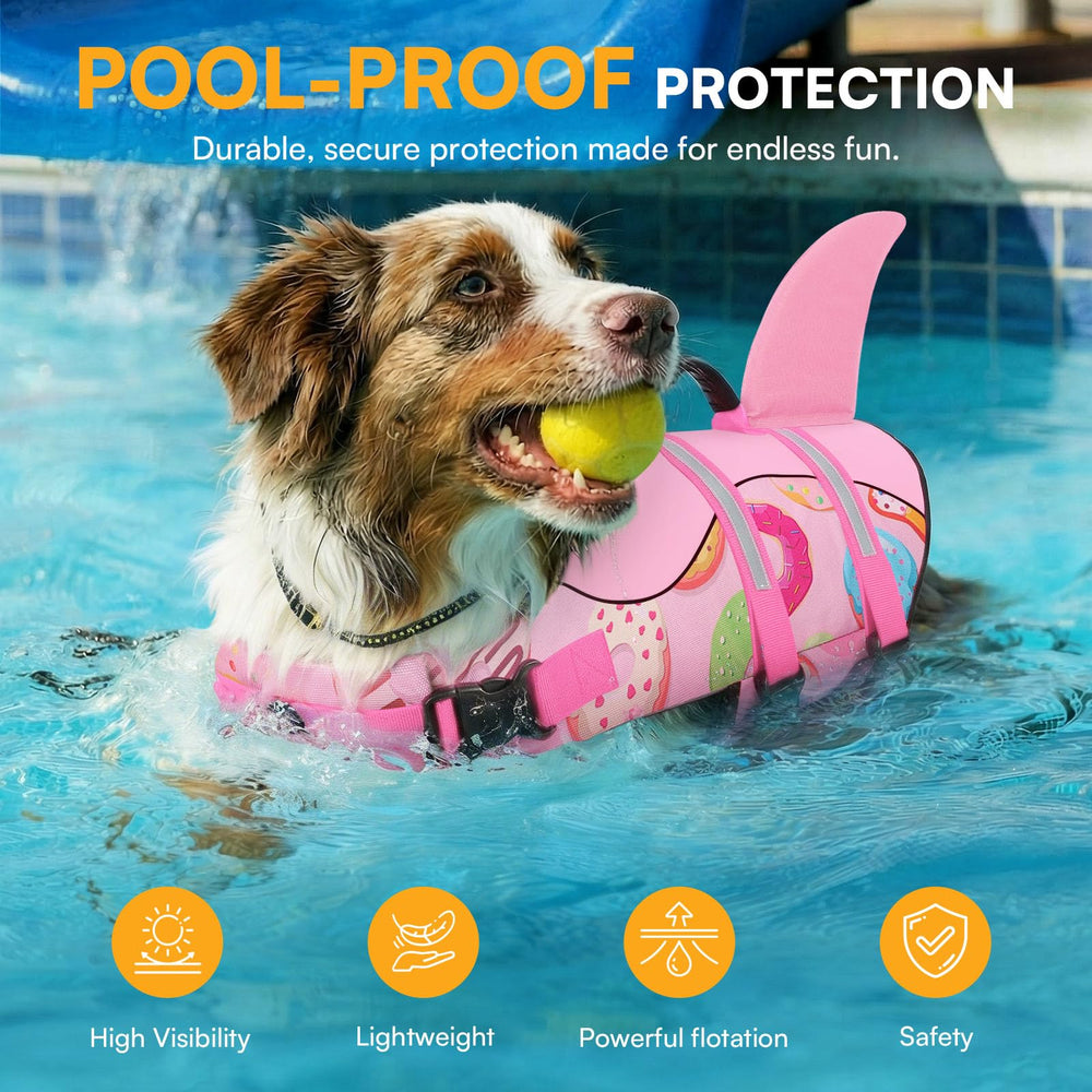 Queenmore dog life jacket size chart with back, chest and neck measurements.