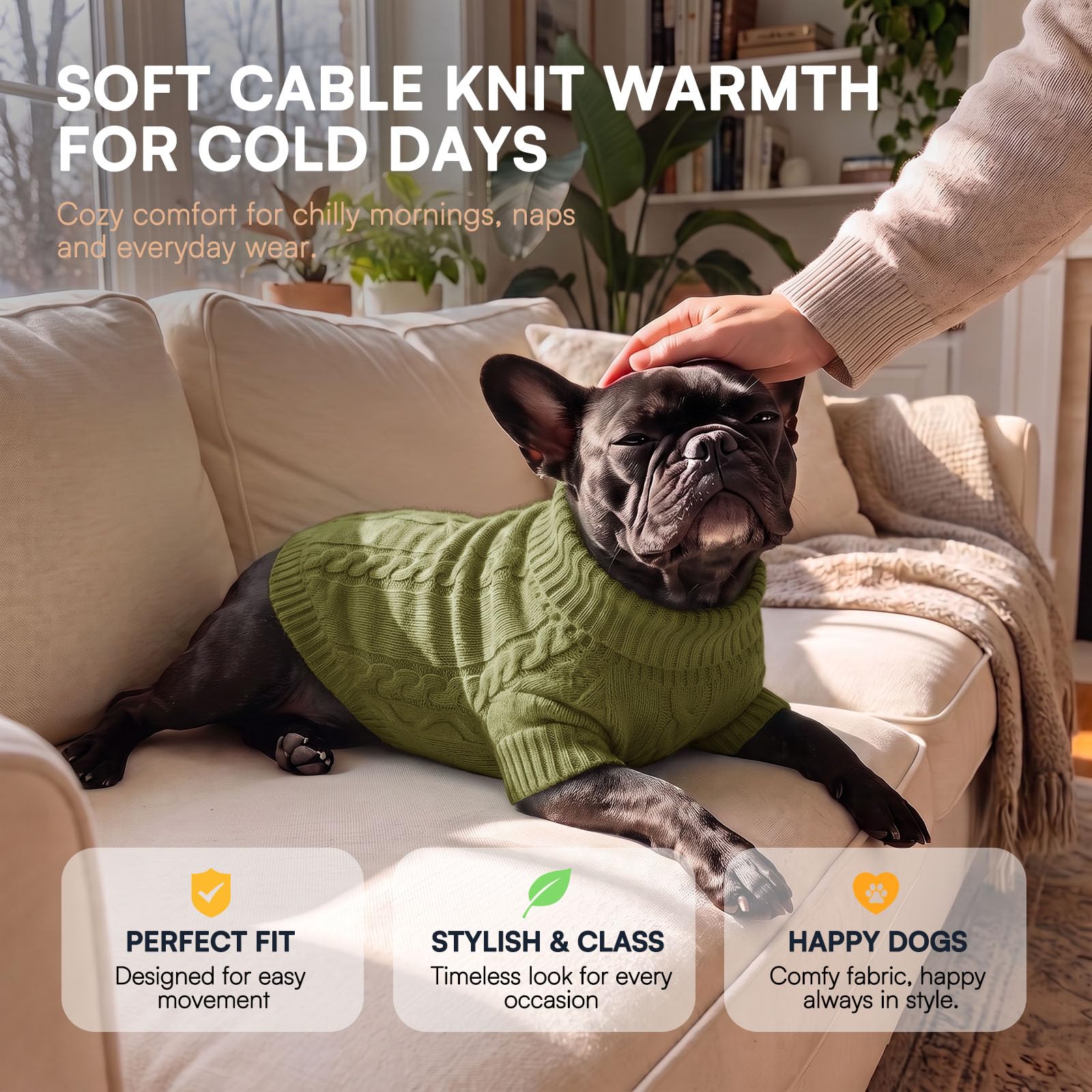 Close-up of the cable-knit pattern on the Queenmore dog sweater.