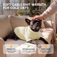 Queenmore dog sweater close-up showing the textured cable-knit acrylic yarn.