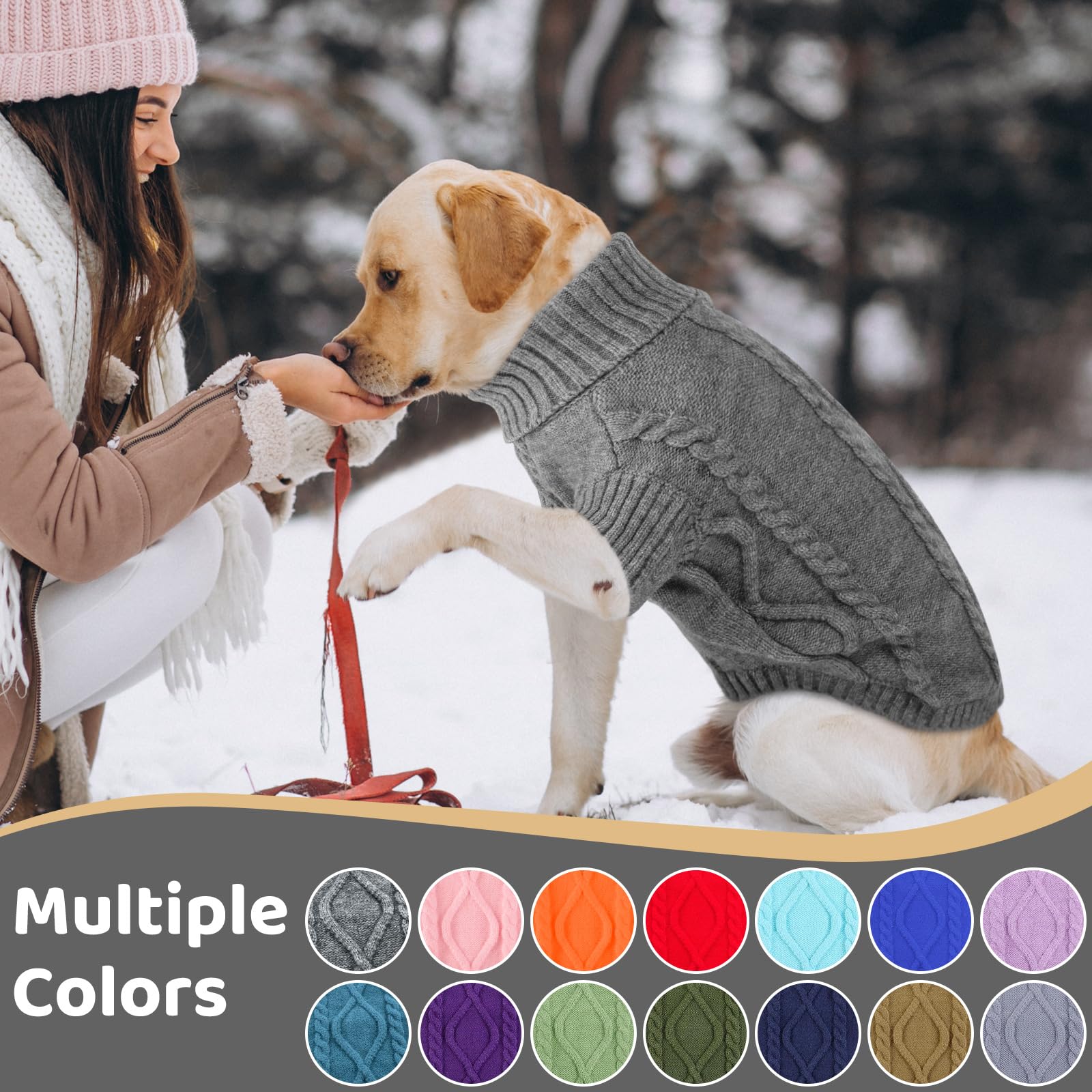 Queenmore dog sweater color choices in Lawn Green, Blueish Grey, and Baby Pink.