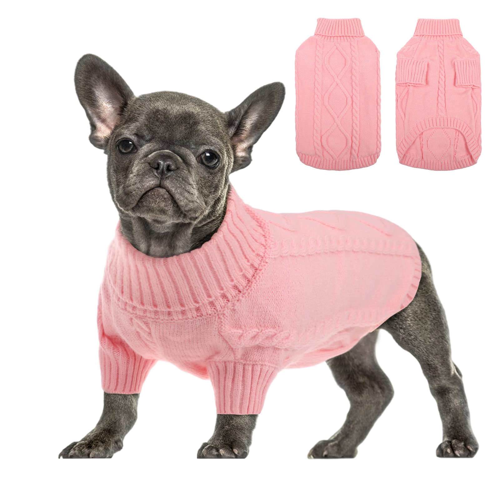 Queenmore dog sweater shown from the front, displaying its cable-knit pullover design.