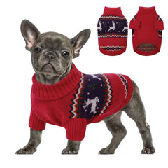 Queenmore dog sweater shown from the front in its red Christmas knit.
