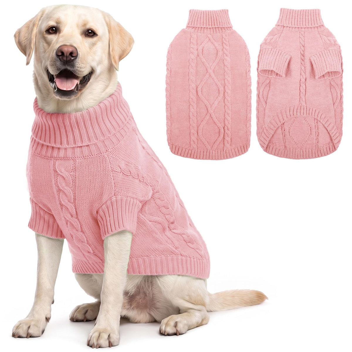 Queenmore dog sweater shown from the front with its turtleneck and cable-knit design.