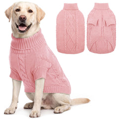 Queenmore dog sweater shown from the front with its turtleneck and cable-knit design.