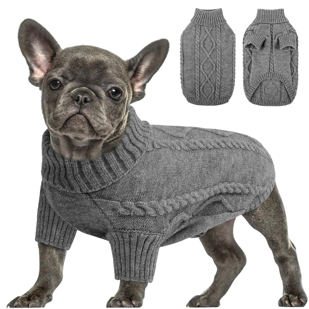 Queenmore dog sweater shown from the front with its cable-knit pullover design.