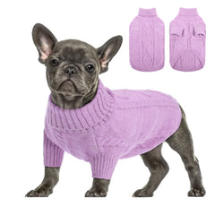 Queenmore Dog Sweater shown from the front with its turtleneck and cable-knit design.