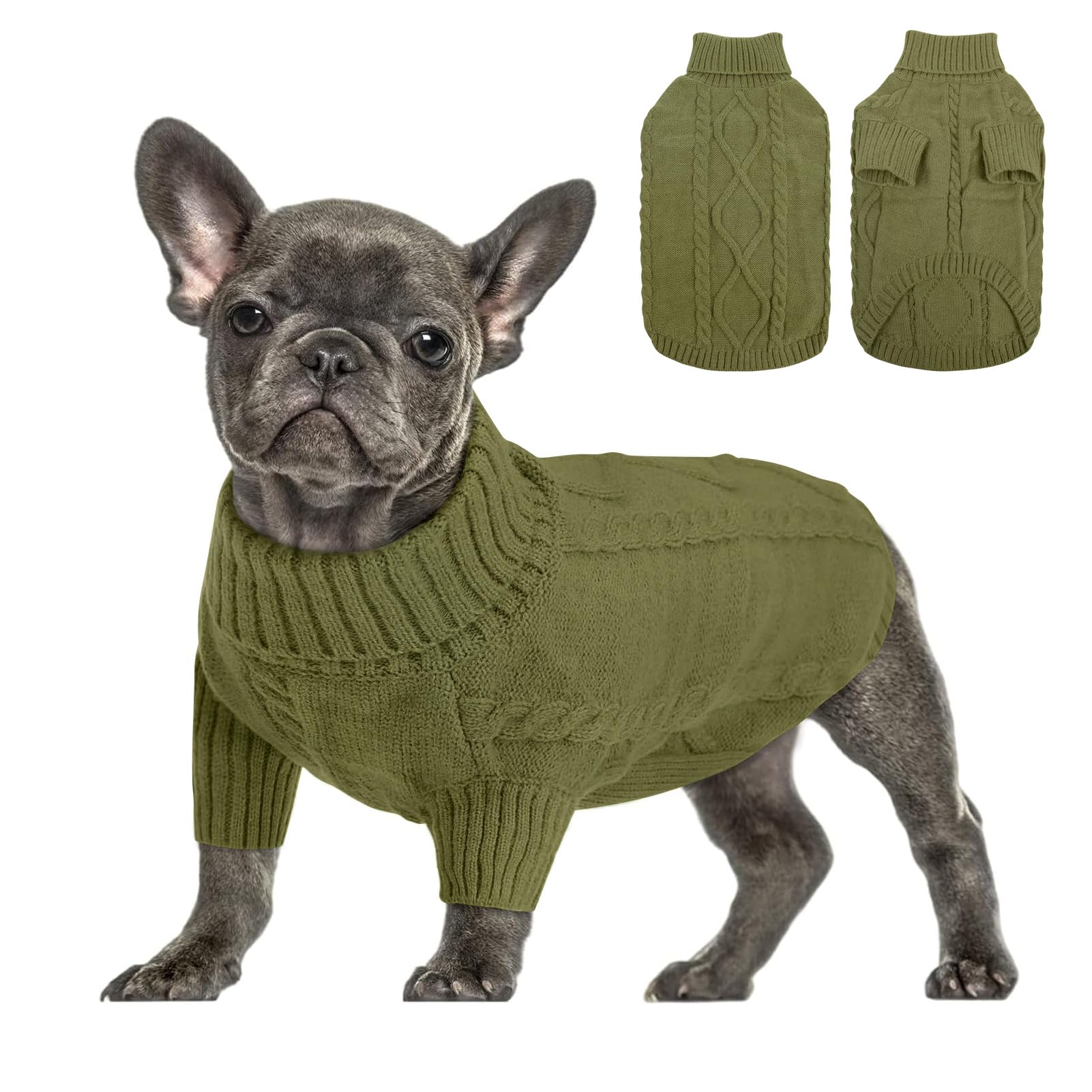 Queenmore dog sweater shown from the front in its solid cable-knit style.