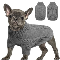 Queenmore dog sweater shown from the front with its cable-knit design.