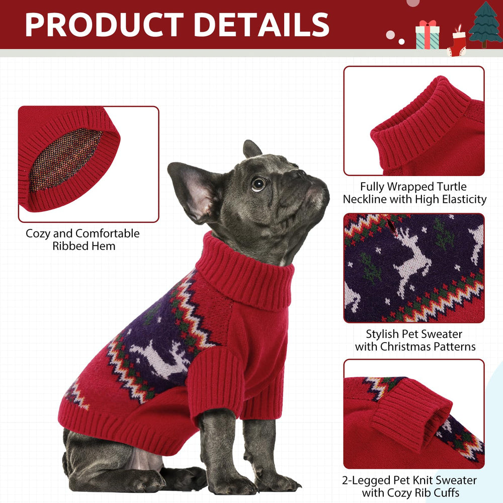 Queenmore dog sweater close-up showing its reindeer and snowflake pattern.