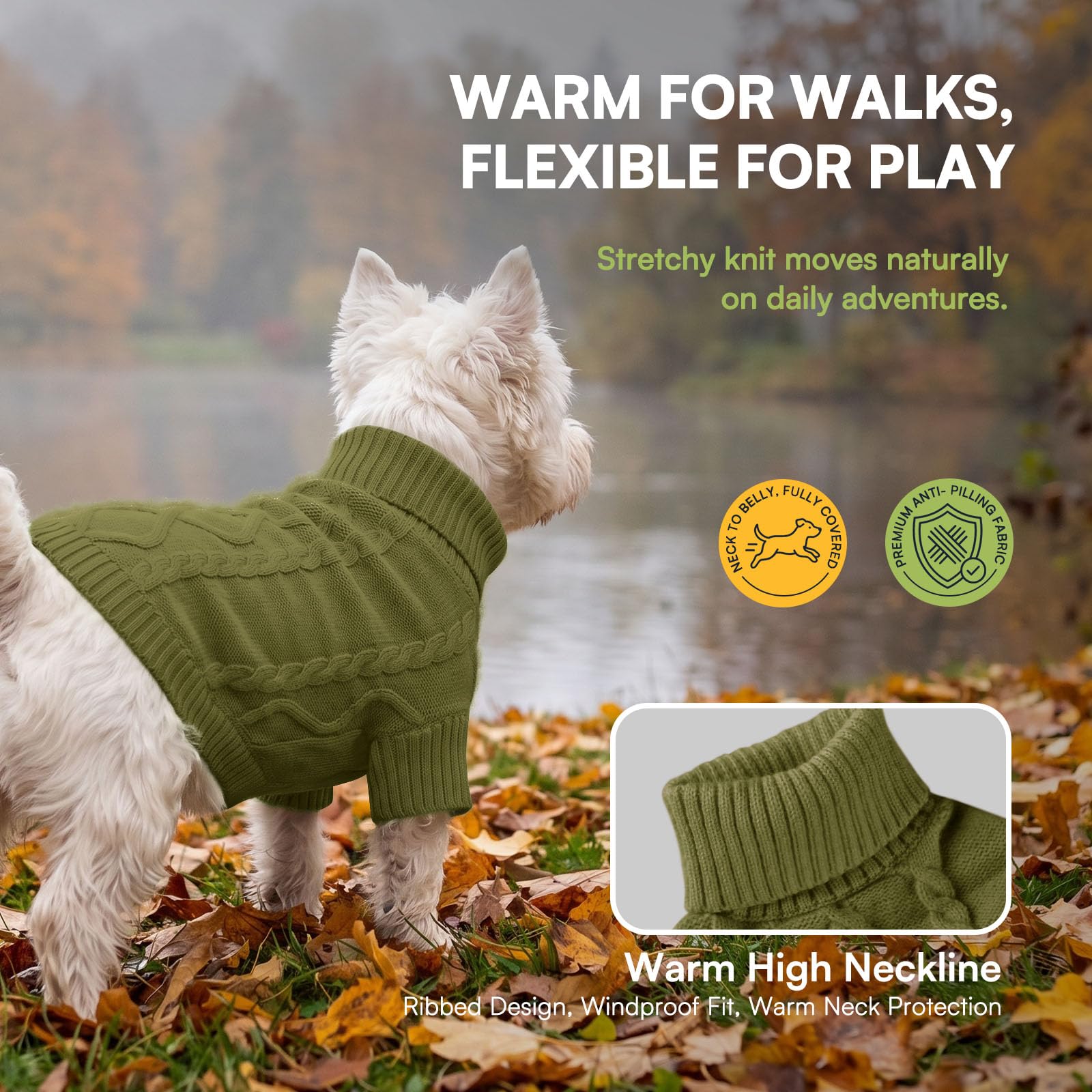 Ribbed cuffs and hem detail on the Queenmore dog sweater.