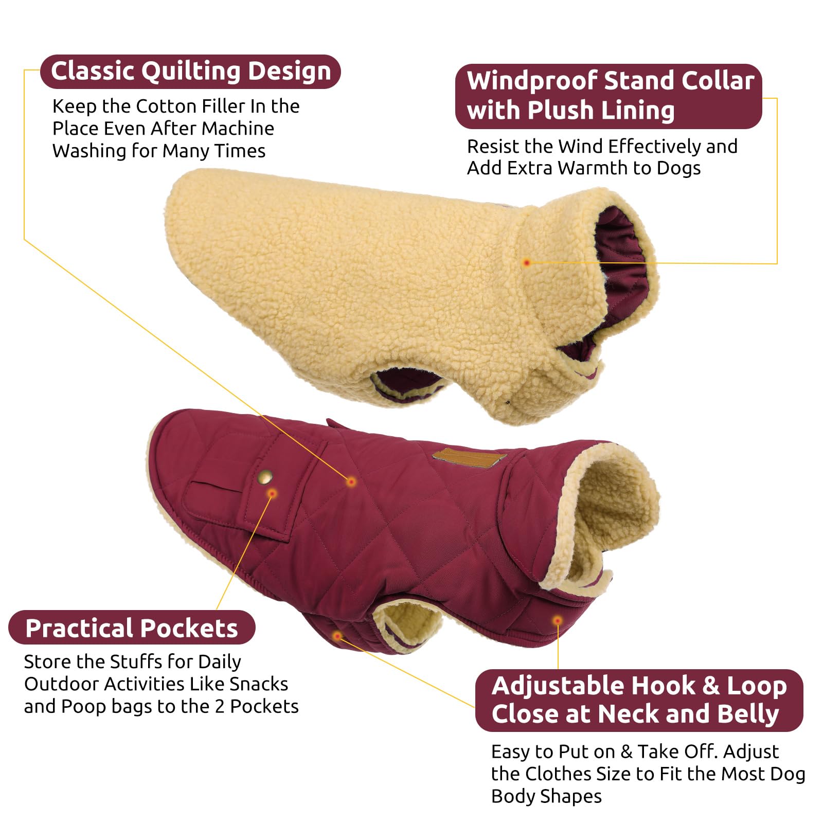 Queenmore dog winter coat shown from the back, highlighting its storage pockets.