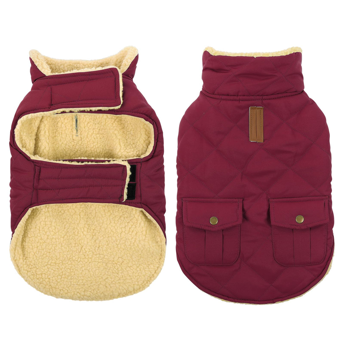 Queenmore dog winter coat shown from the front with its quilted outer.
