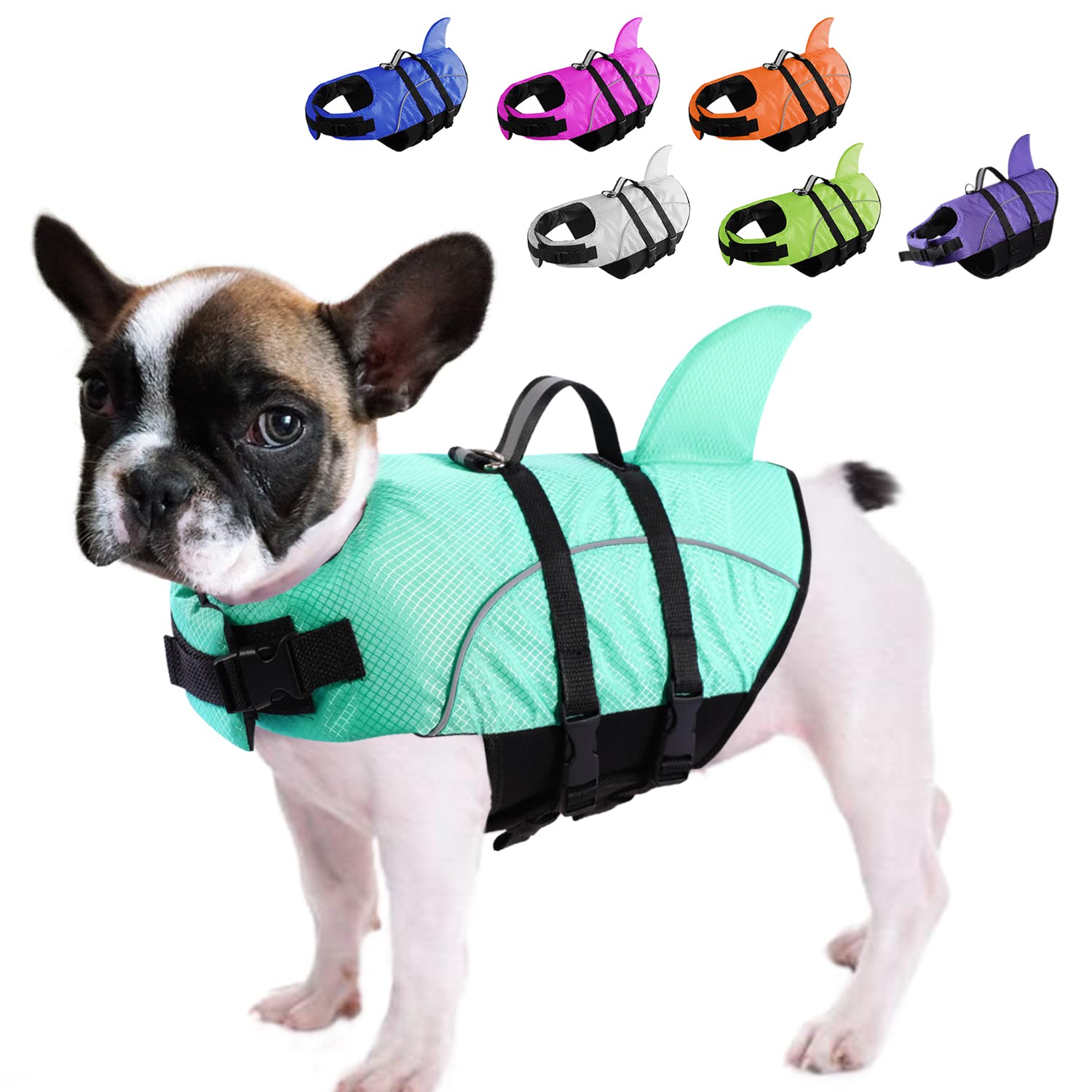 Queenmore shark dog life jacket shown from the front.