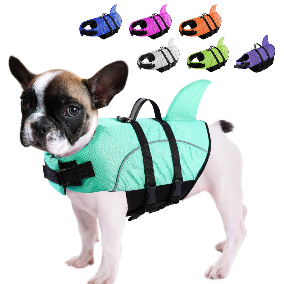 Queenmore shark dog life jacket shown from the front.