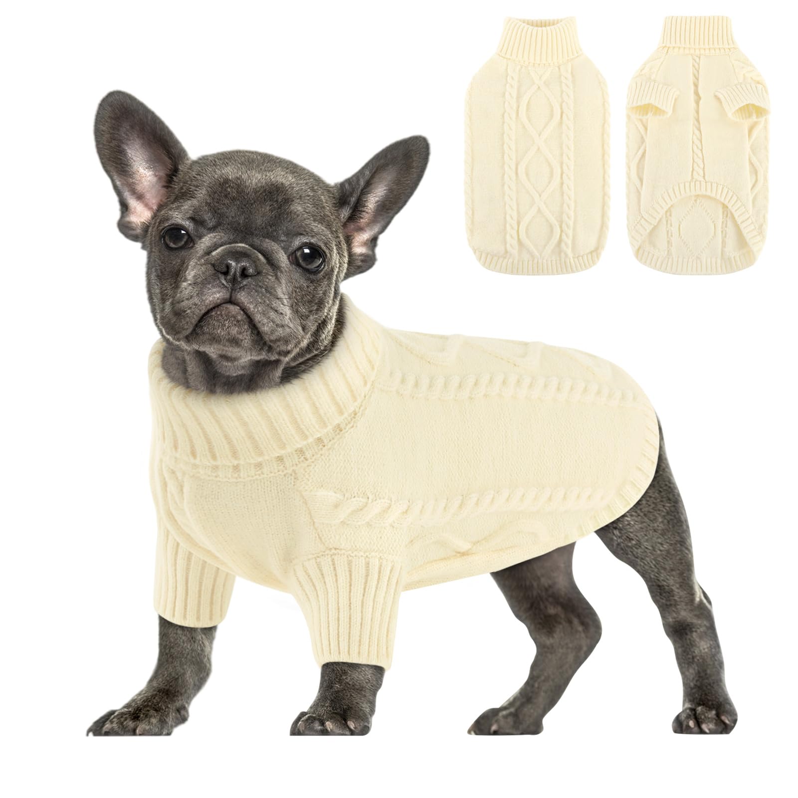 Queenmore small dog sweater shown from the front as a knitted winter pullover.