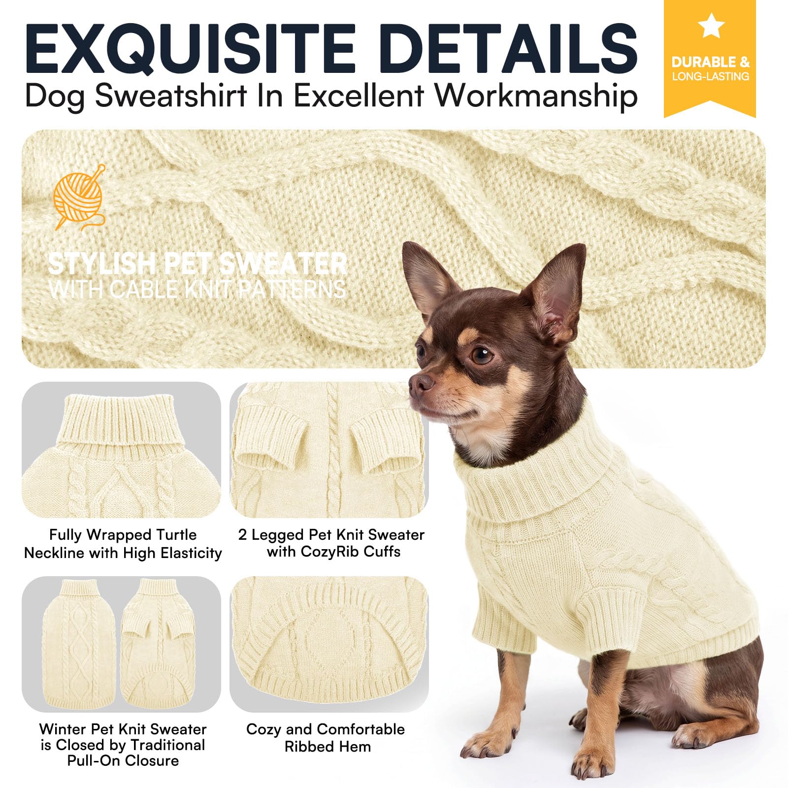 Queenmore small dog sweater detail highlighting the turtleneck.
