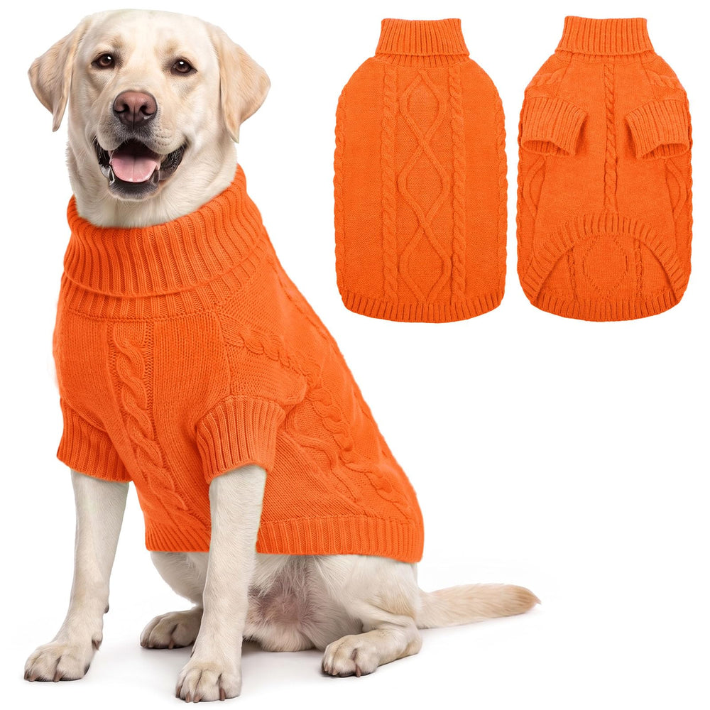 Queenmore XL dog sweater shown from the front with its turtleneck and cable-knit design.