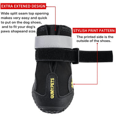 QUMY dog boots showing the adjustable reflective straps and split-seam opening.