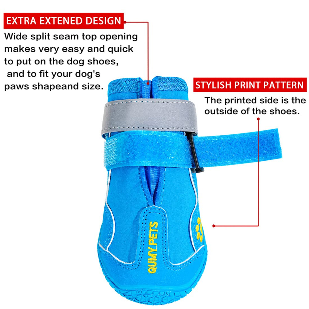 QUMY dog boots detail showing the wide opening and adjustable reflective straps.