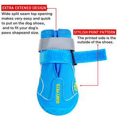 QUMY dog boots detail showing the wide opening and adjustable reflective straps.