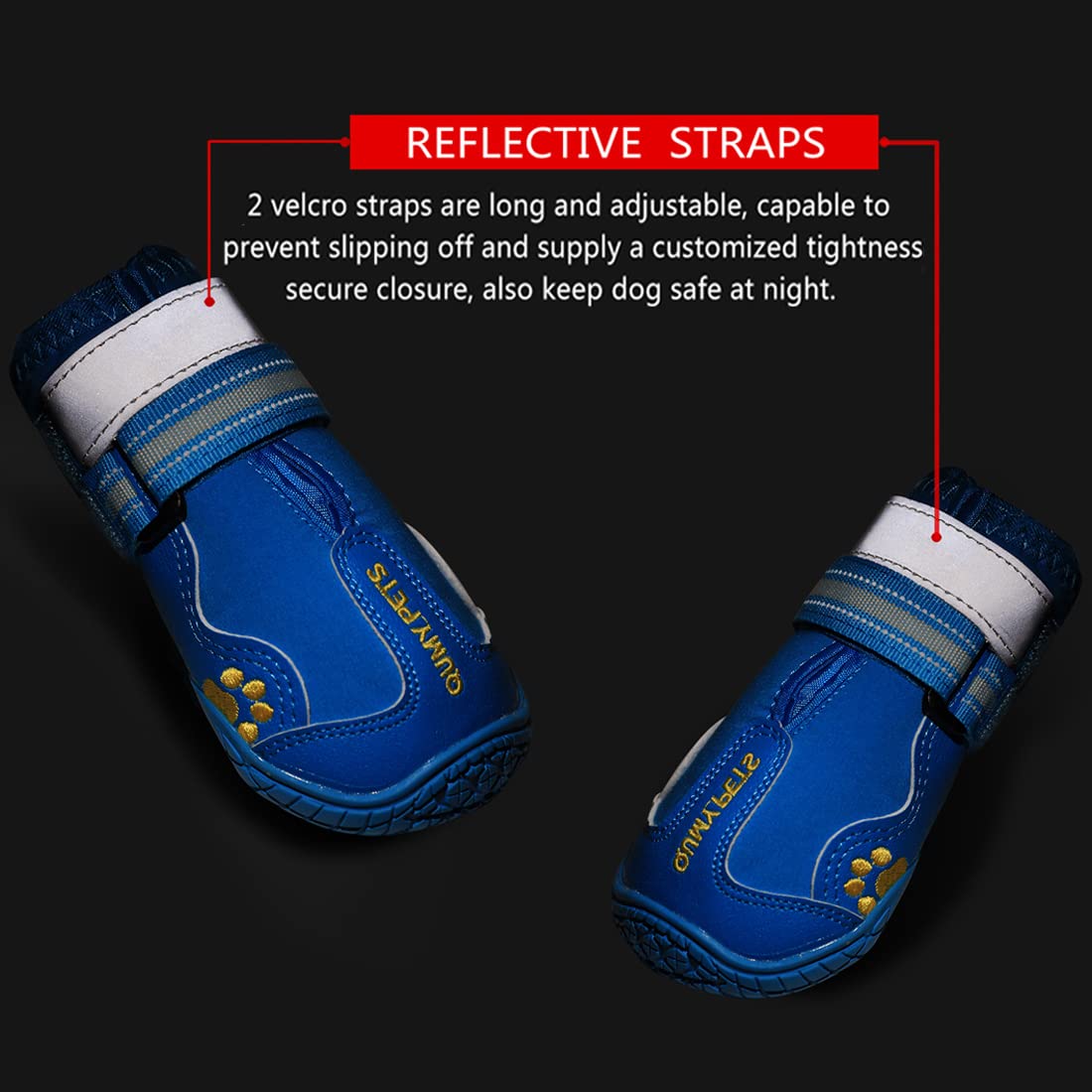 QUMY dog boots shown being worn outdoors for paw coverage.