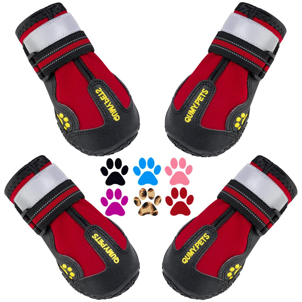 QUMY dog shoes shown from the front with their overall boot shape visible.