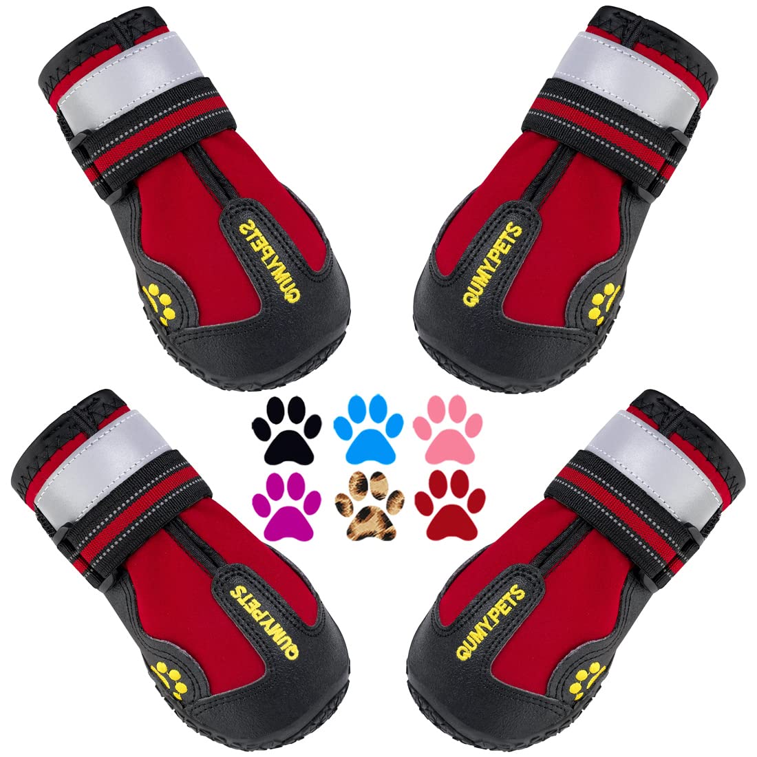 QUMY dog shoes shown from the front with their overall boot shape visible.