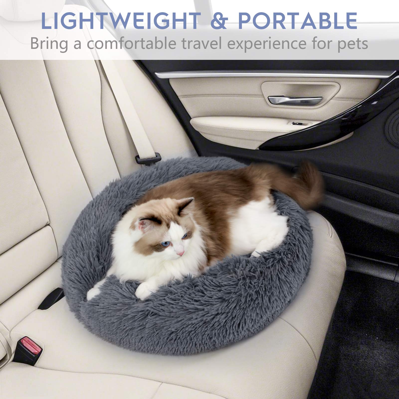 rabbitgoo Calming Cat Bed with its size guide displayed.