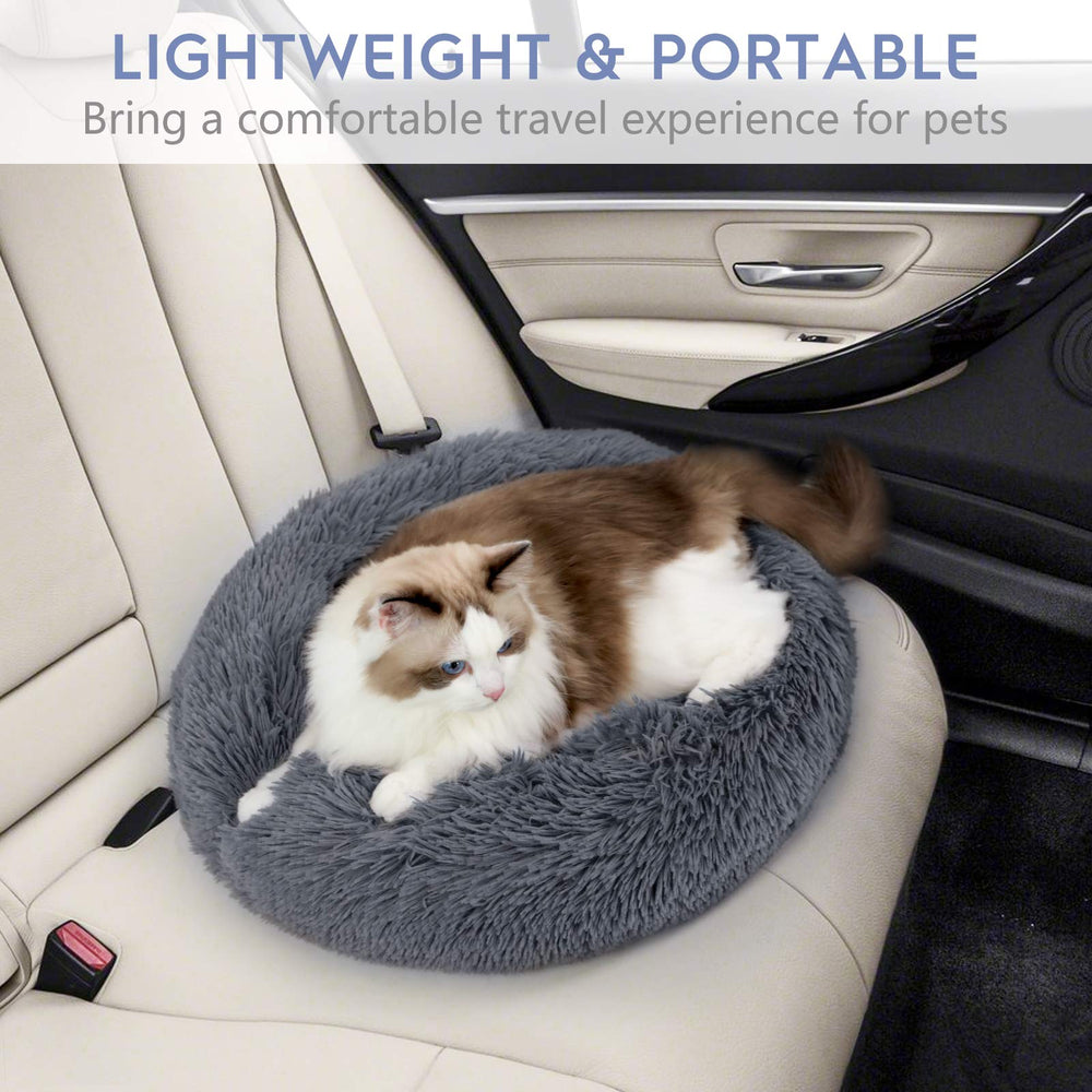 rabbitgoo Calming Cat Bed with its size guide displayed.