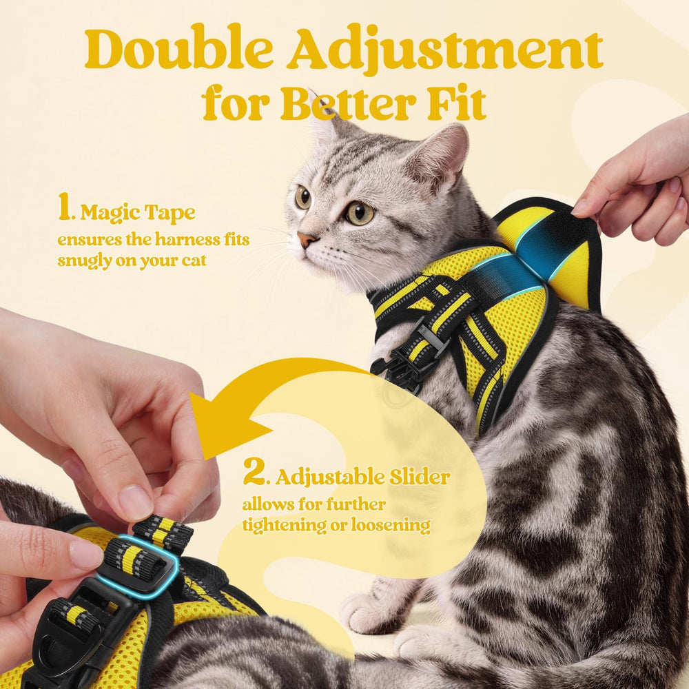Adjustable straps on the bright yellow rabbitgoo cat harness.