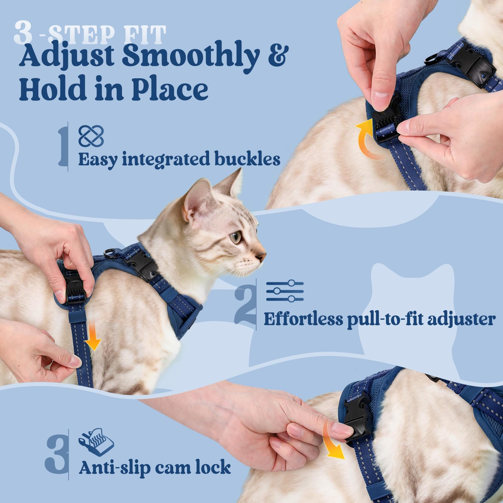 rabbitgoo Cat Harness close-up showing its adjustable cam-lock buckles.