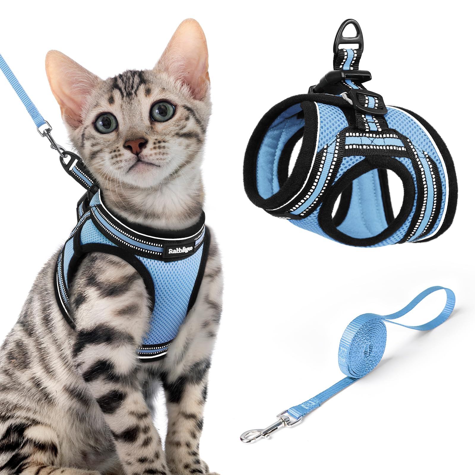 rabbitgoo Cat Harness and Leash Set shown from the front in light blue.