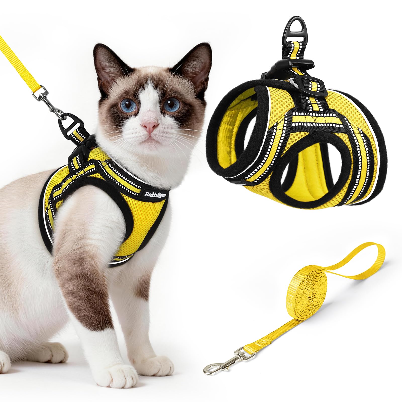 Front view of the bright yellow rabbitgoo Cat Harness and Leash Set.