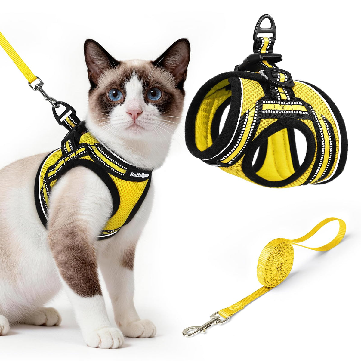 Front view of the bright yellow rabbitgoo Cat Harness and Leash Set.