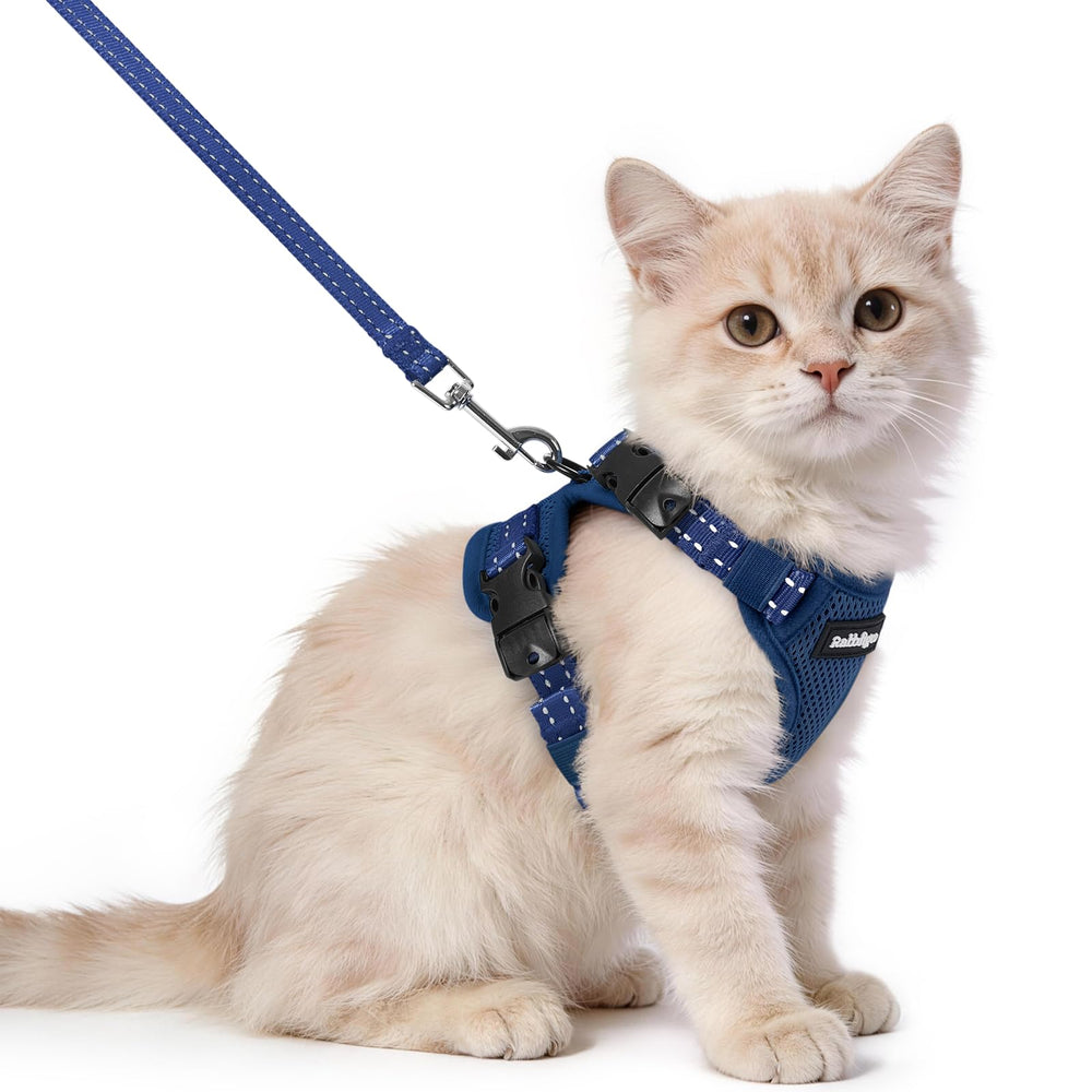 rabbitgoo Cat Harness and Leash Set shown from the front in navy blue.