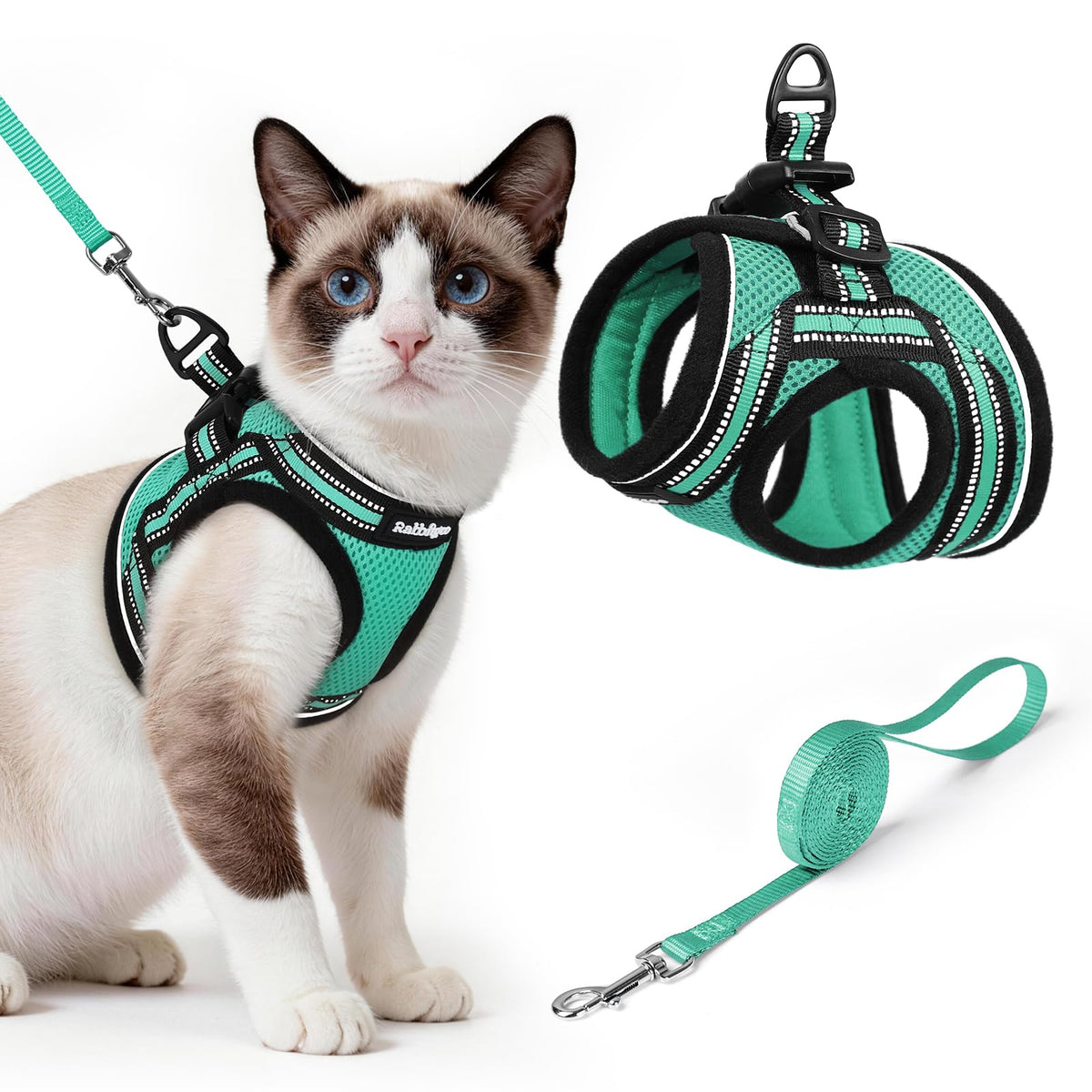 rabbitgoo Cat Harness and Leash Set shown from the front in green.