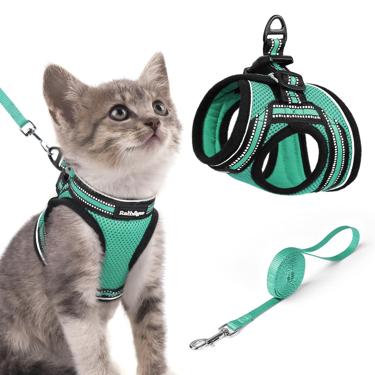 rabbitgoo Cat Harness and Leash Set shown from the front in green.
