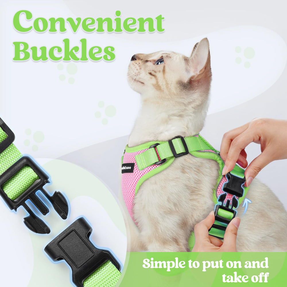 rabbitgoo cat harness and leash set shown in pink and light green.