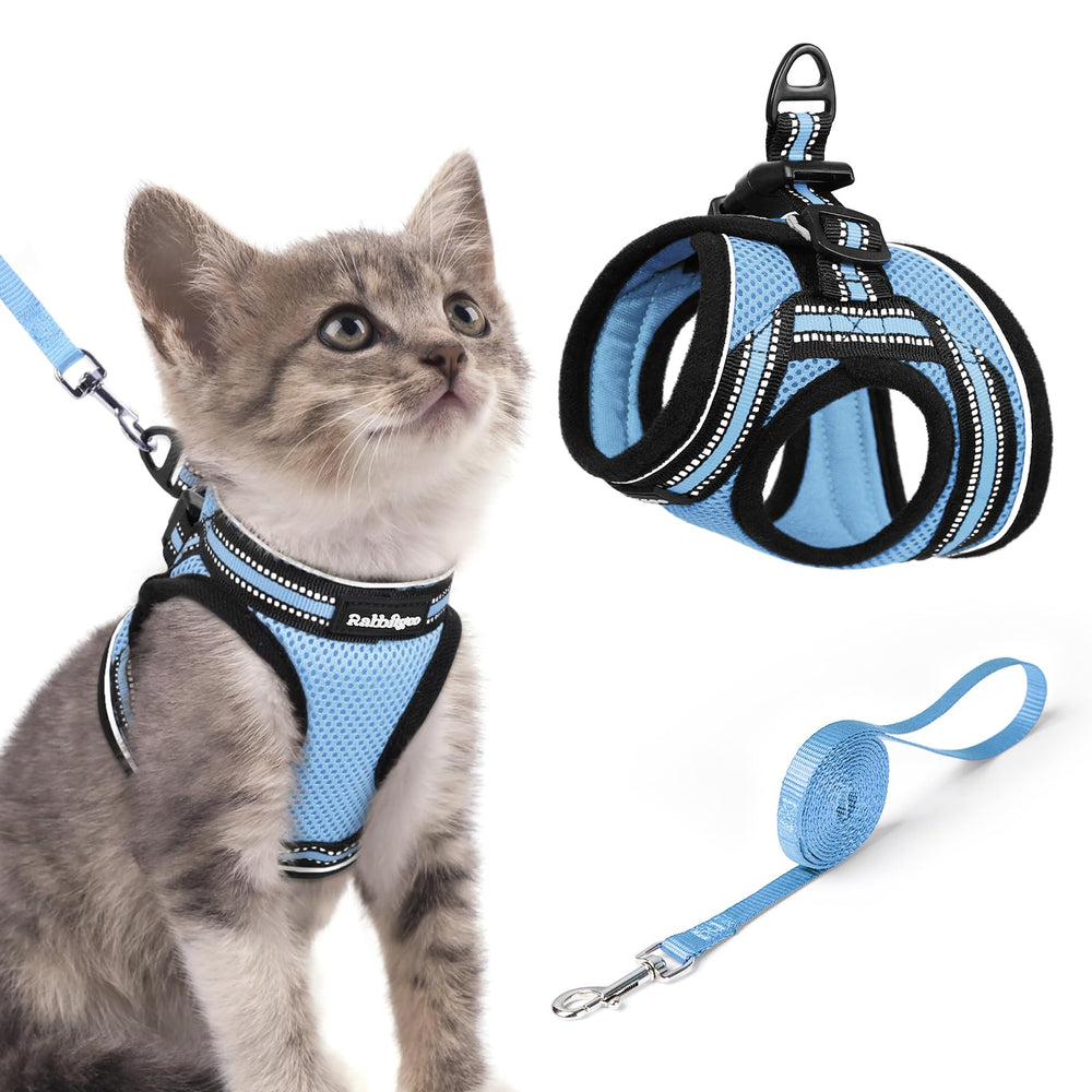 rabbitgoo Cat Harness and Leash Set shown from the front in light blue.