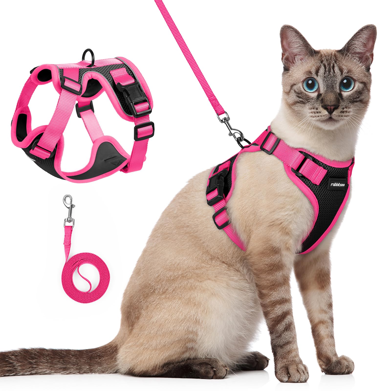 rabbitgoo Cat Harness and Leash Set shown from the front in Black & Rose Pink.