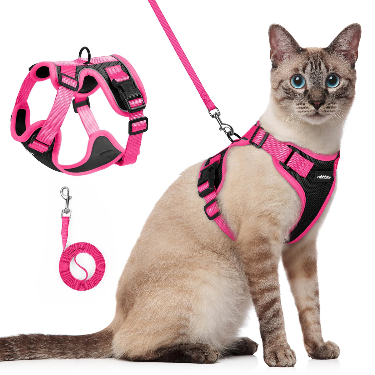 rabbitgoo Cat Harness and Leash Set shown from the front in Black & Rose Pink.