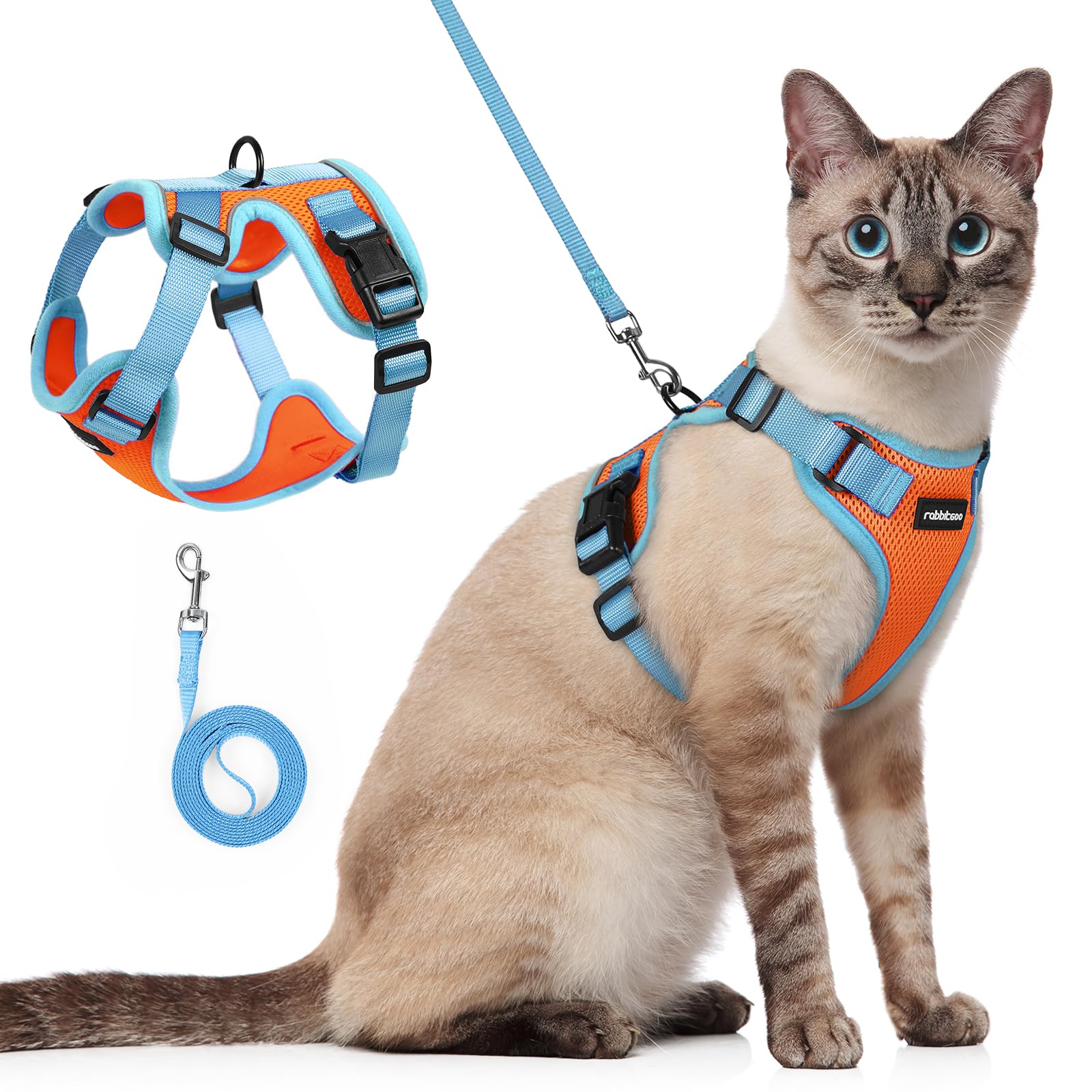 rabbitgoo Cat Harness and Leash Set shown from the front in Orange & Light Blue.