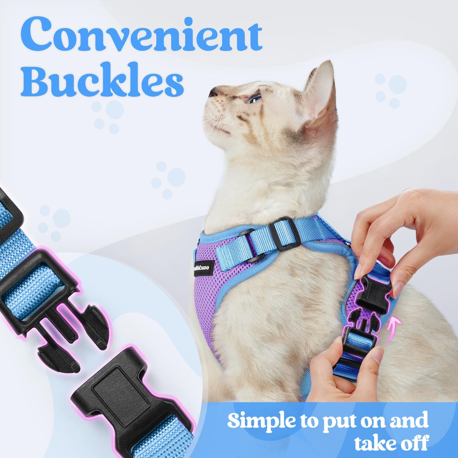 rabbitgoo Cat Harness close-up showing its breathable mesh, soft edges, and cushioned construction.