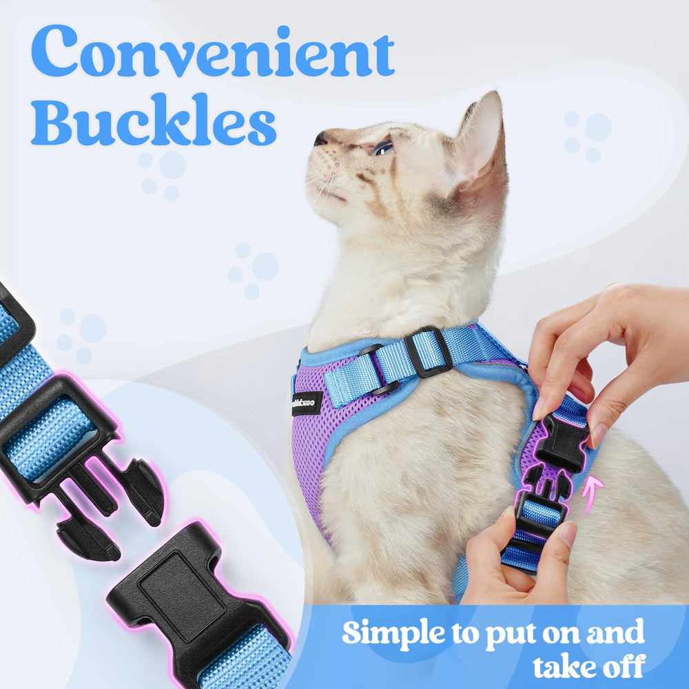 rabbitgoo Cat Harness close-up showing its breathable mesh, soft edges, and cushioned construction.